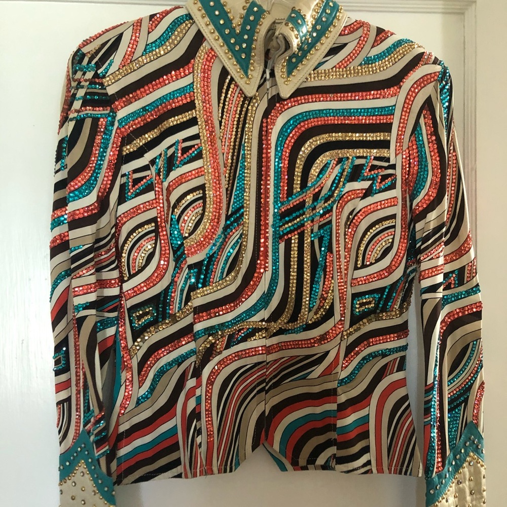 Multi color horse show jacket. Has some leather on it.